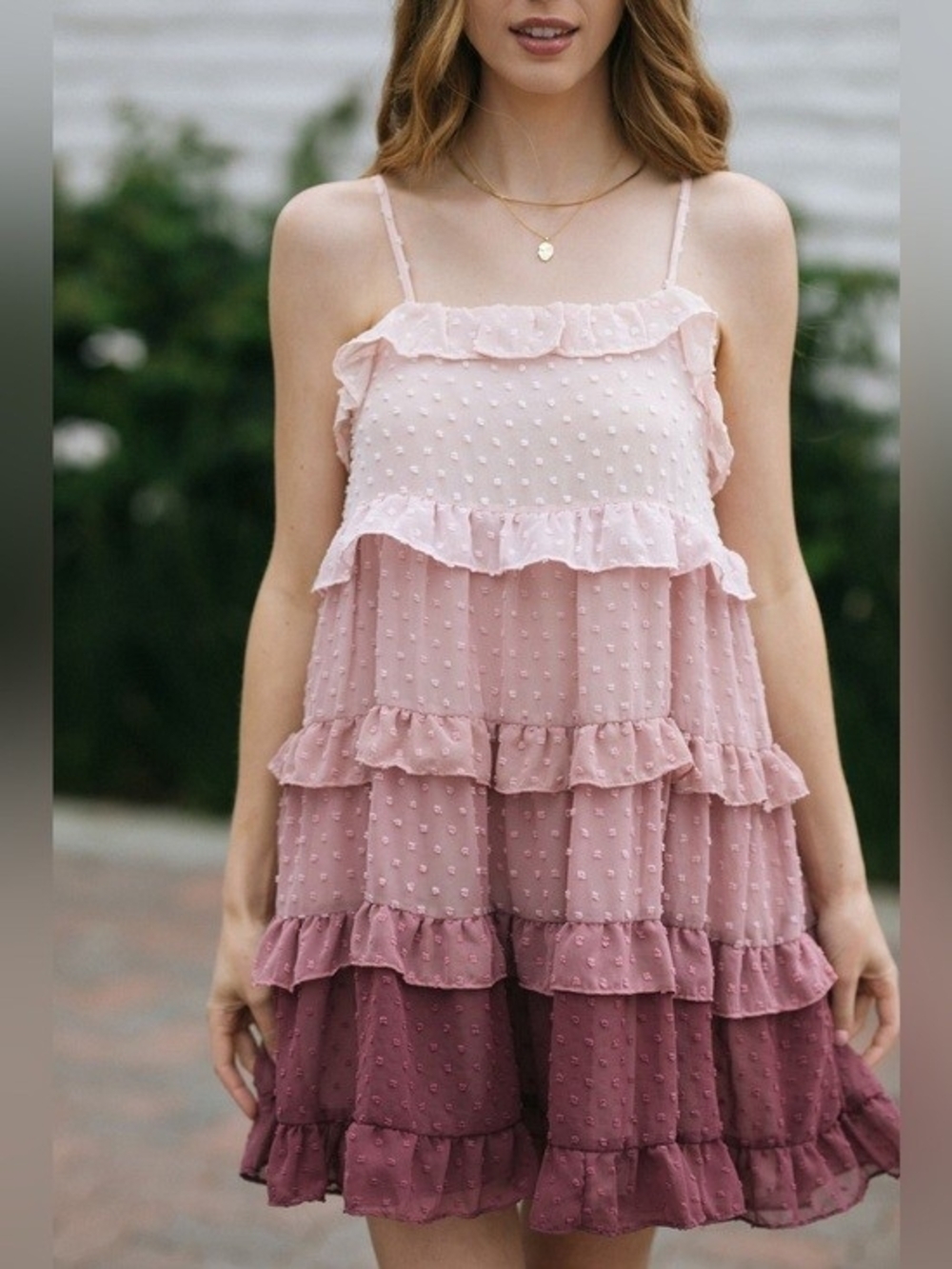 NWOT Vestique Tiered Ruffle Dress in Blush Ombre Size M Swiss Dot Tie Back